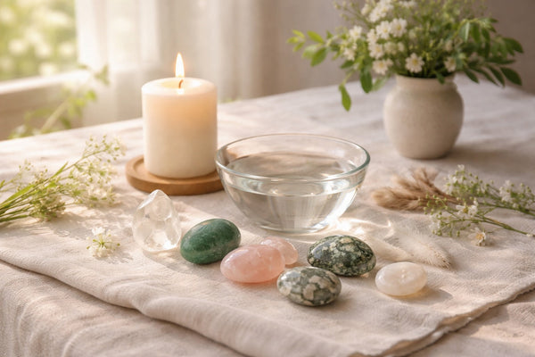 Spring ritual altar with crystals, candle, water bowl, and fresh greenery in soft natural light