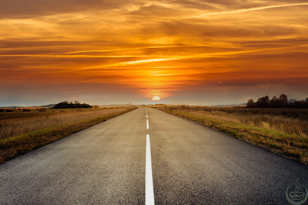 Straight open road leading toward an orange sunset between dry grass fields