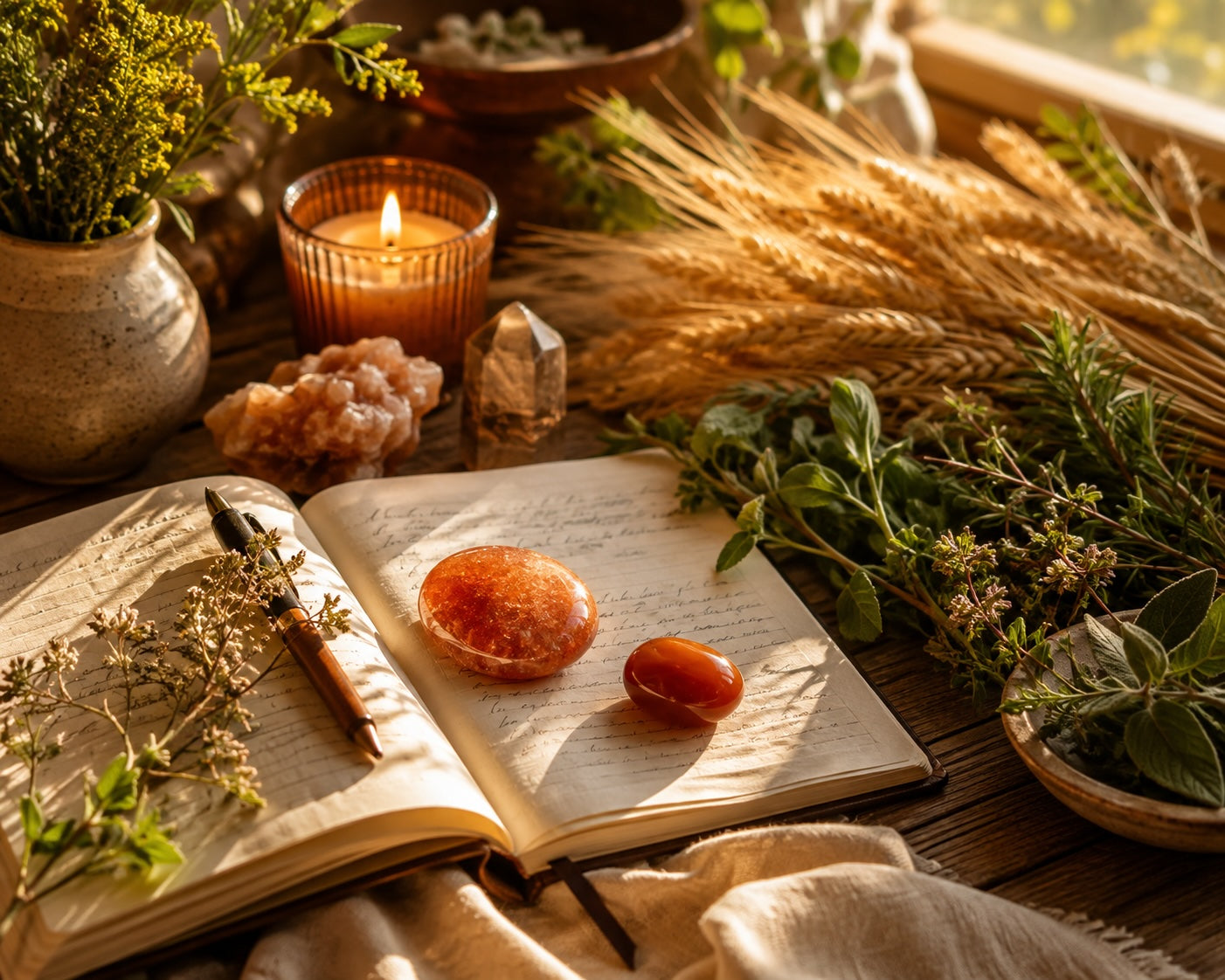 Sunstone, Carnelian, journal, candle, and late-summer botanicals arranged for a Leo-to-Virgo seasonal reflection ritual.