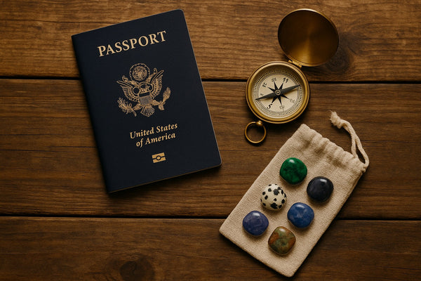 Travel stones and crystals laid out beside a passport and compass