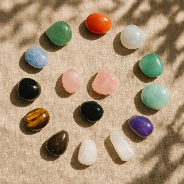 Twelve crystals arranged in a circle on zodiac chart with sunlight and shadows