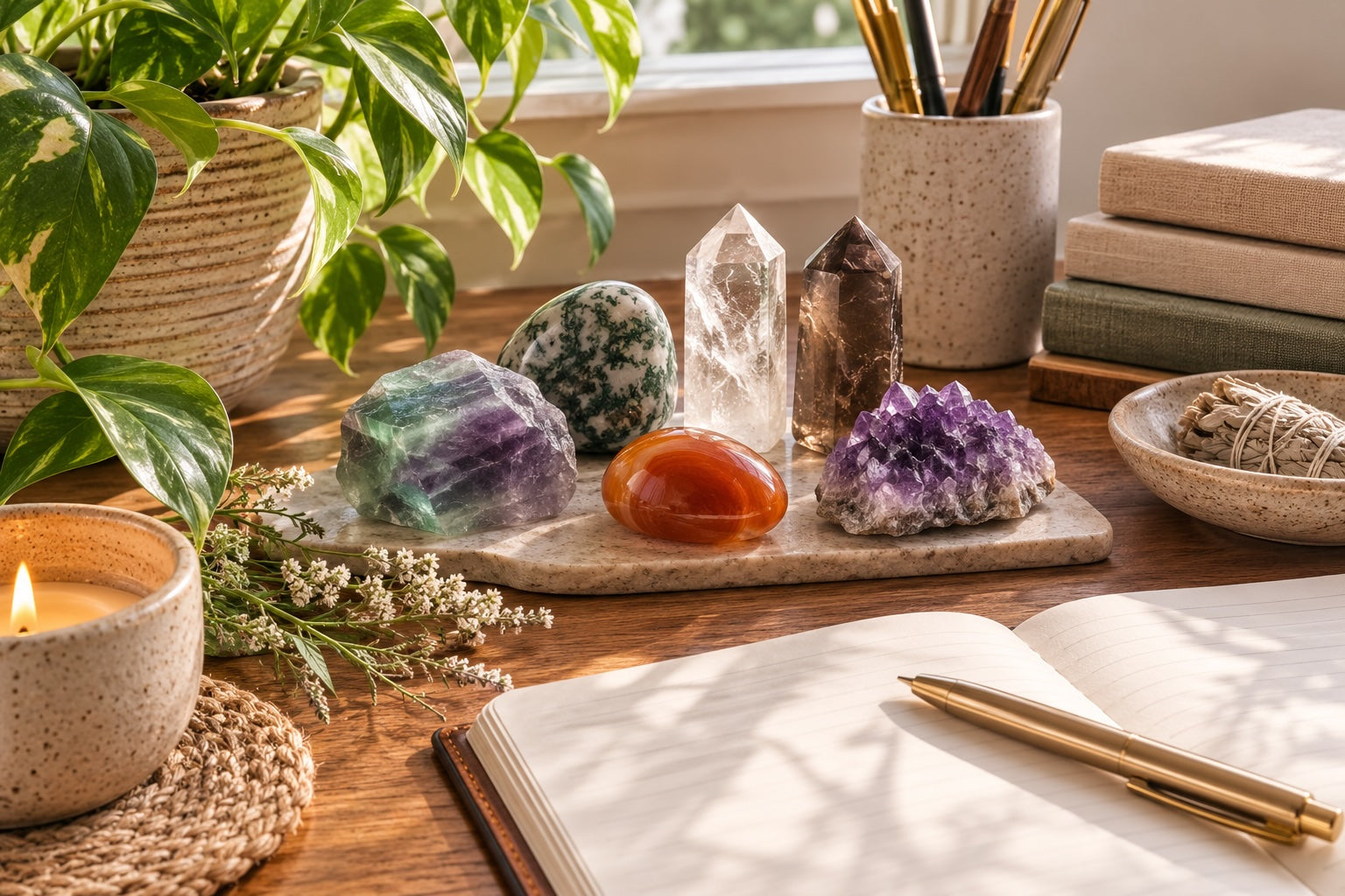 Virgo season ritual scene with crystals, journal, plant, and organized workspace in warm natural light.