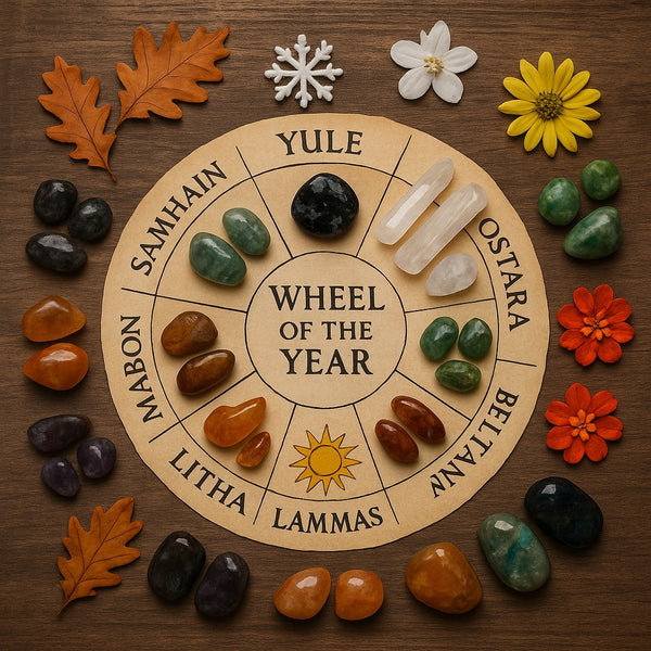 Wheel of the Year crystal altar with seasonal symbols and stones
