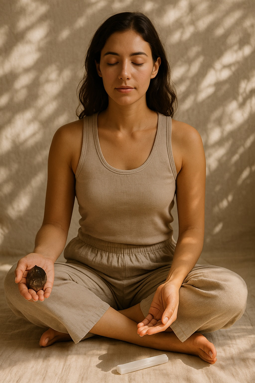 Woman meditating with a grounding crystal in hand on natural linen cushion