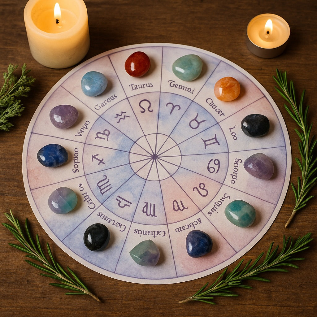 Zodiac wheel with crystals placed on each sign for rising sign alignment