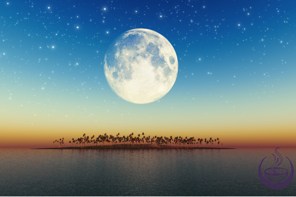 Full moon rising over a dark horizon at dusk