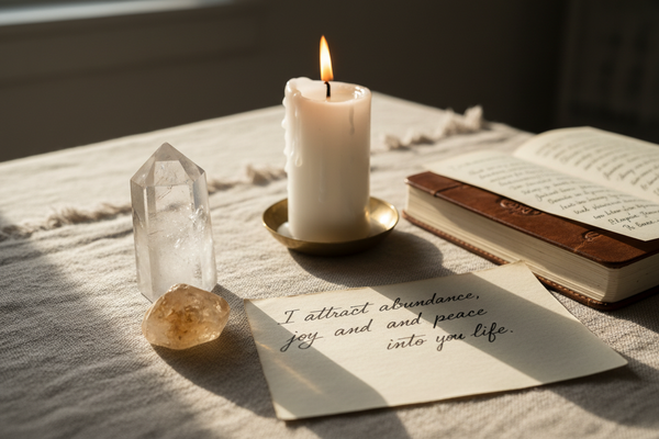 Clear quartz and citrine crystals beside a handwritten intention note and candle on an altar cloth