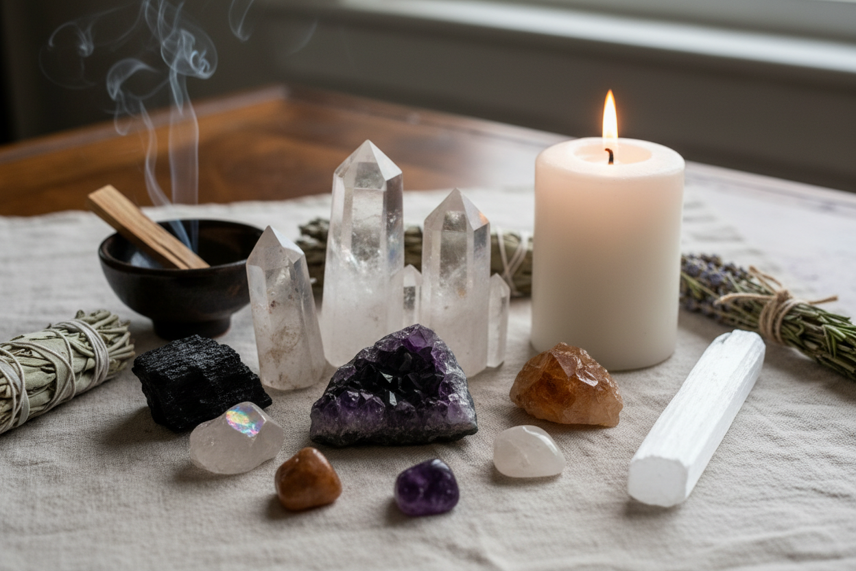 A collection of crystals including clear quartz and selenite laid out on a cloth for cleansing and intention setting