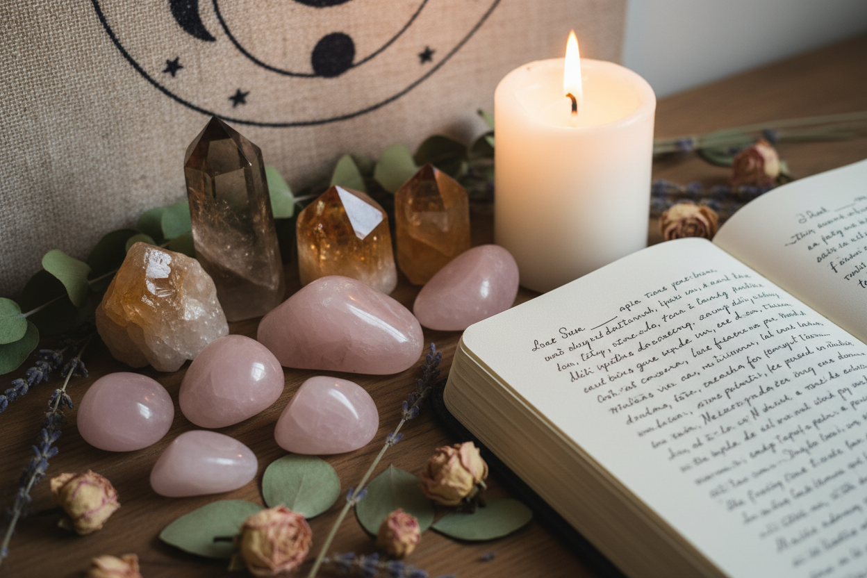 Crystals and journal set on a soft altar cloth with a candle and dried herbs, ready for a gratitude ritual