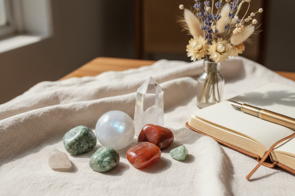 Crystals for new beginnings including moonstone, green aventurine, and clear quartz on a light cloth with a journal and pen