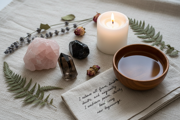 Rose quartz and smoky quartz crystals beside a candle and bowl of water for a spiritual release ritual