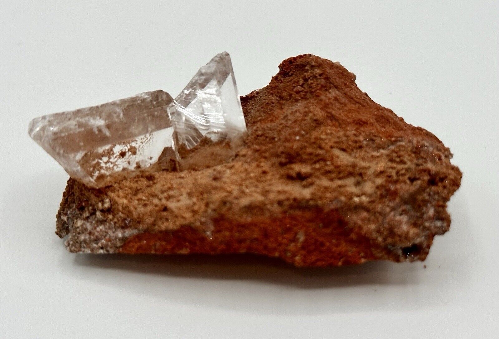 Clear, gemmy Durango Selenite crystals with sharp terminations growing naturally from limestone matrix, sourced from Bermejillo, Durango, Mexico.