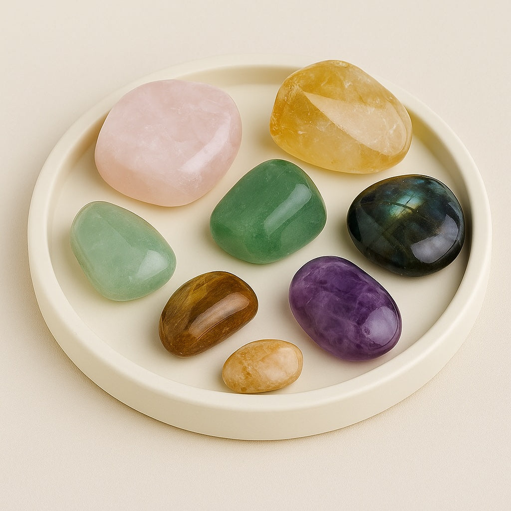 Assorted tumbled stones – amethyst, rose quartz, citrine, and other polished crystals – Sage Spirits Thousand Oaks.