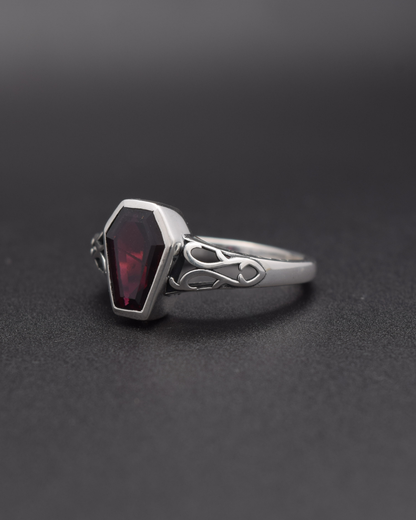 Garnet Coffin Ring - left view