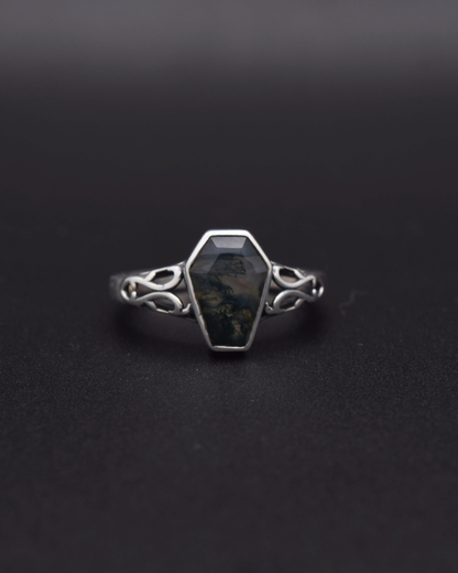 Moss Agate Coffin Ring - front view