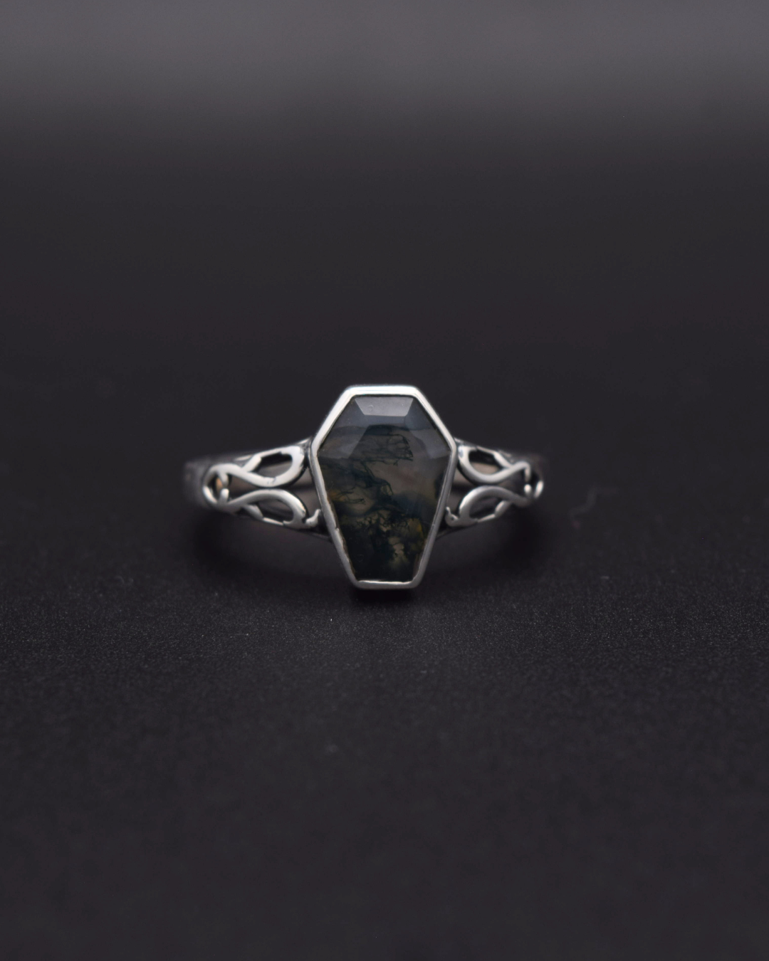 Moss Agate Coffin Ring - front view