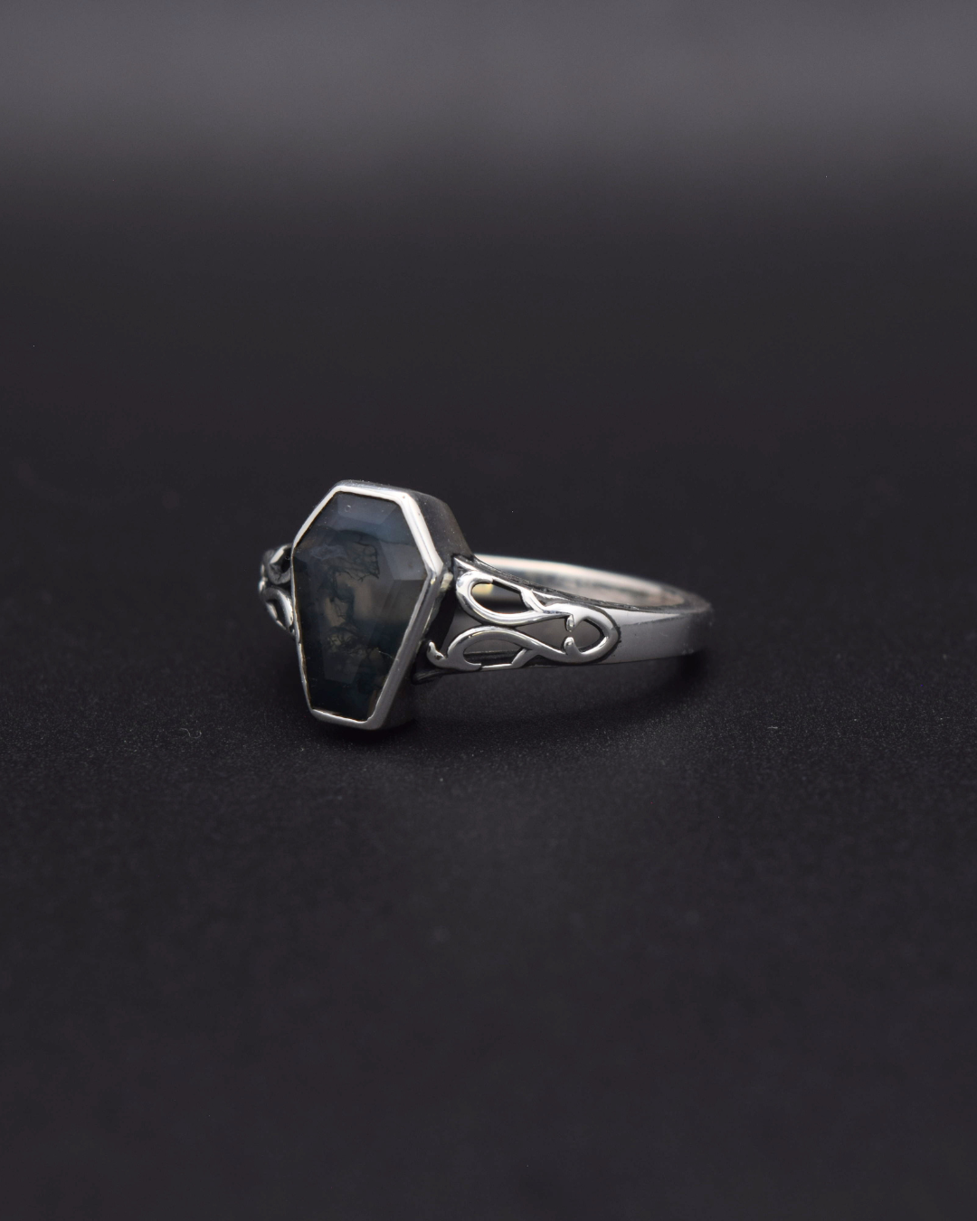 Moss Agate Coffin Ring - left view