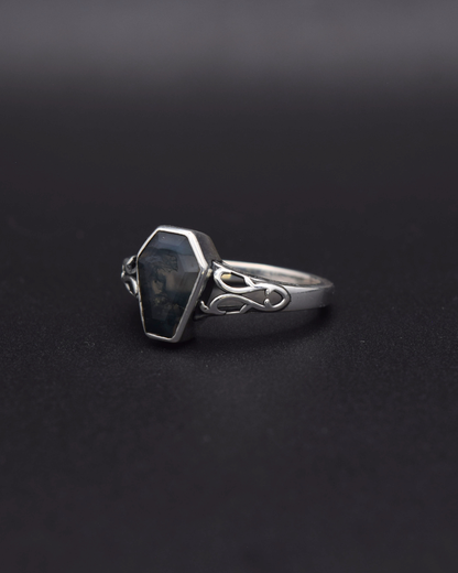 Moss Agate Coffin Ring - left view