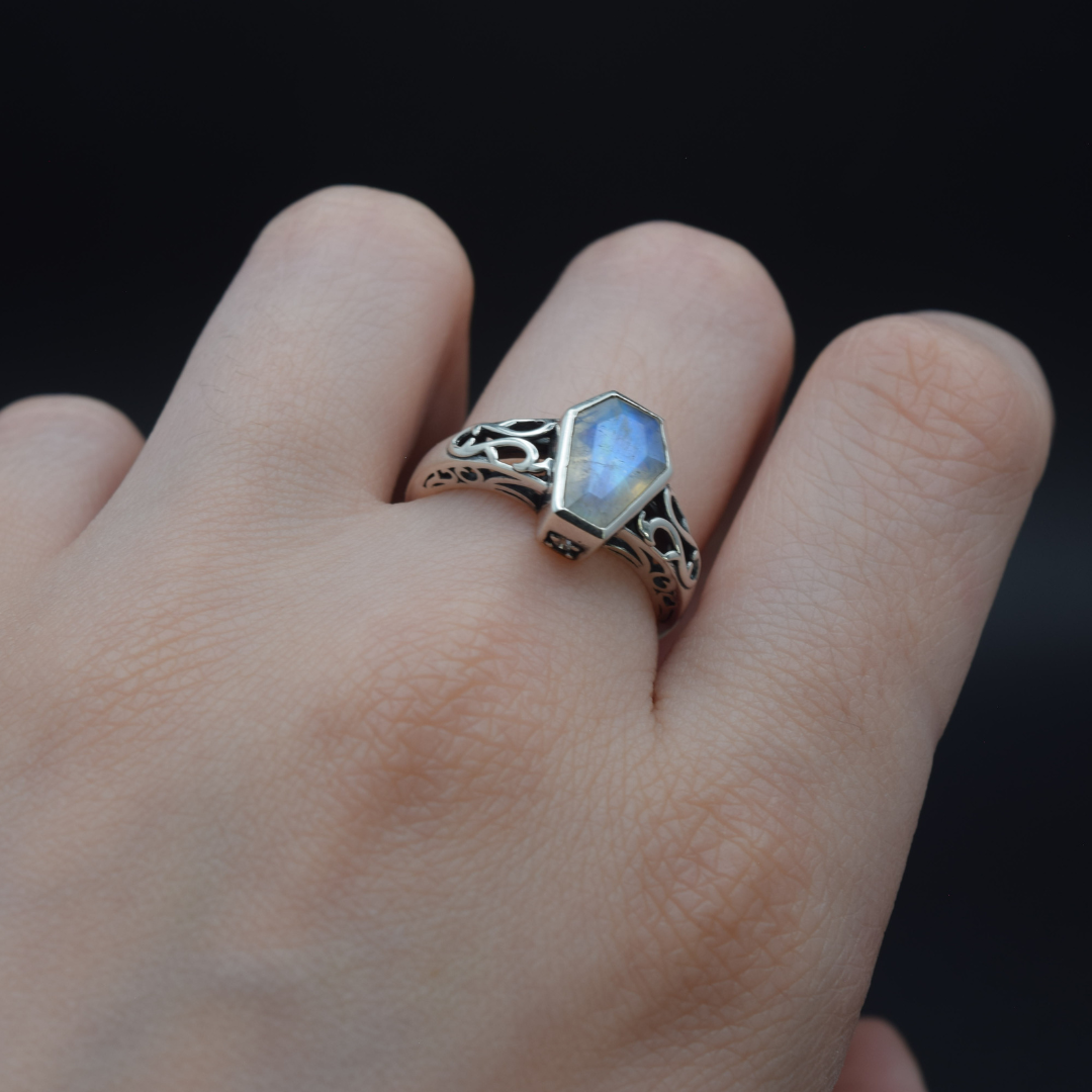 Moonstone Coffin Ring in hand