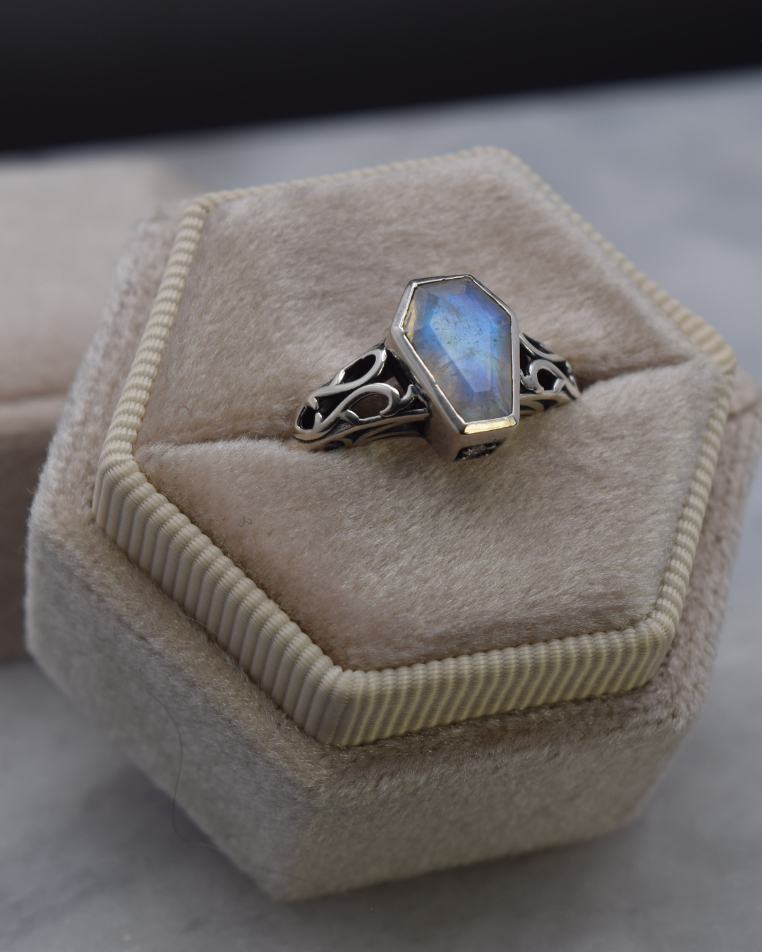 Moonstone Coffin Ring in box