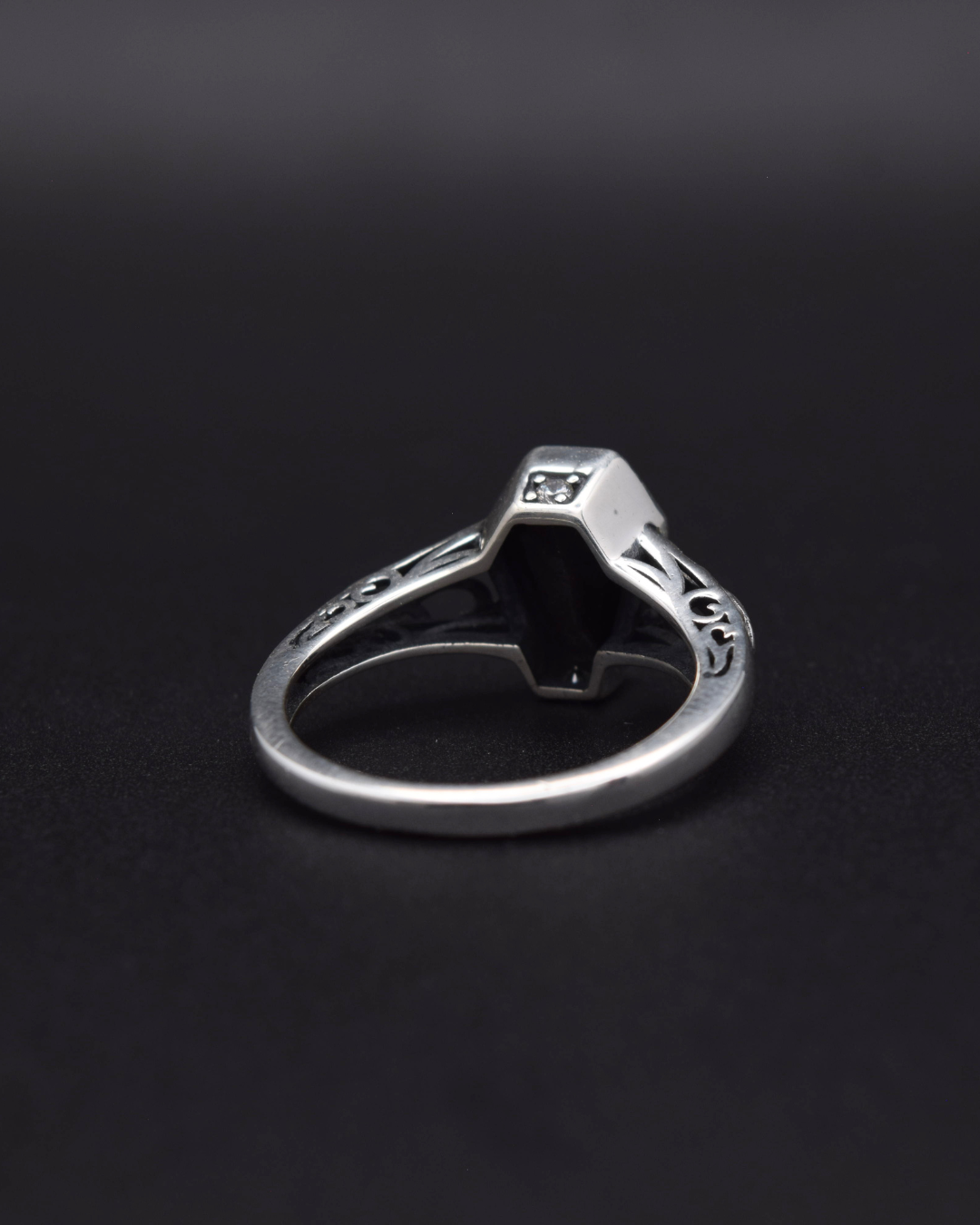 Silver Obsidian Coffin Ring - back view