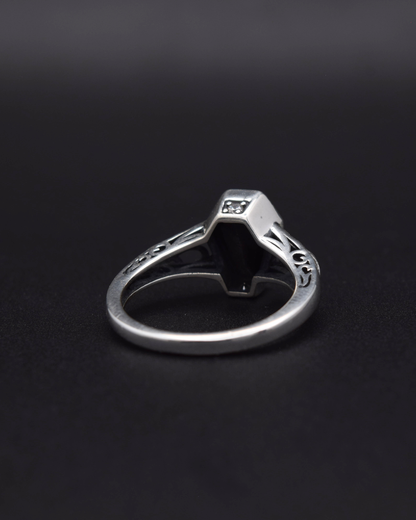 Silver Obsidian Coffin Ring - back view