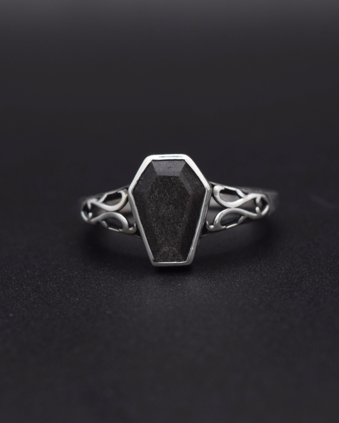 Silver Obsidian Coffin Ring - front view