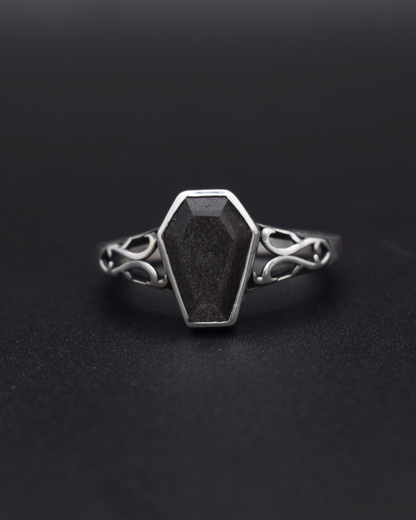 Silver Obsidian Coffin Ring - front view
