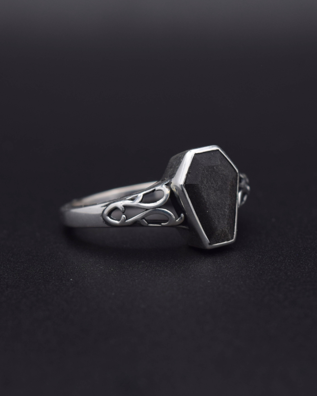 Silver Obsidian Coffin Ring - right view