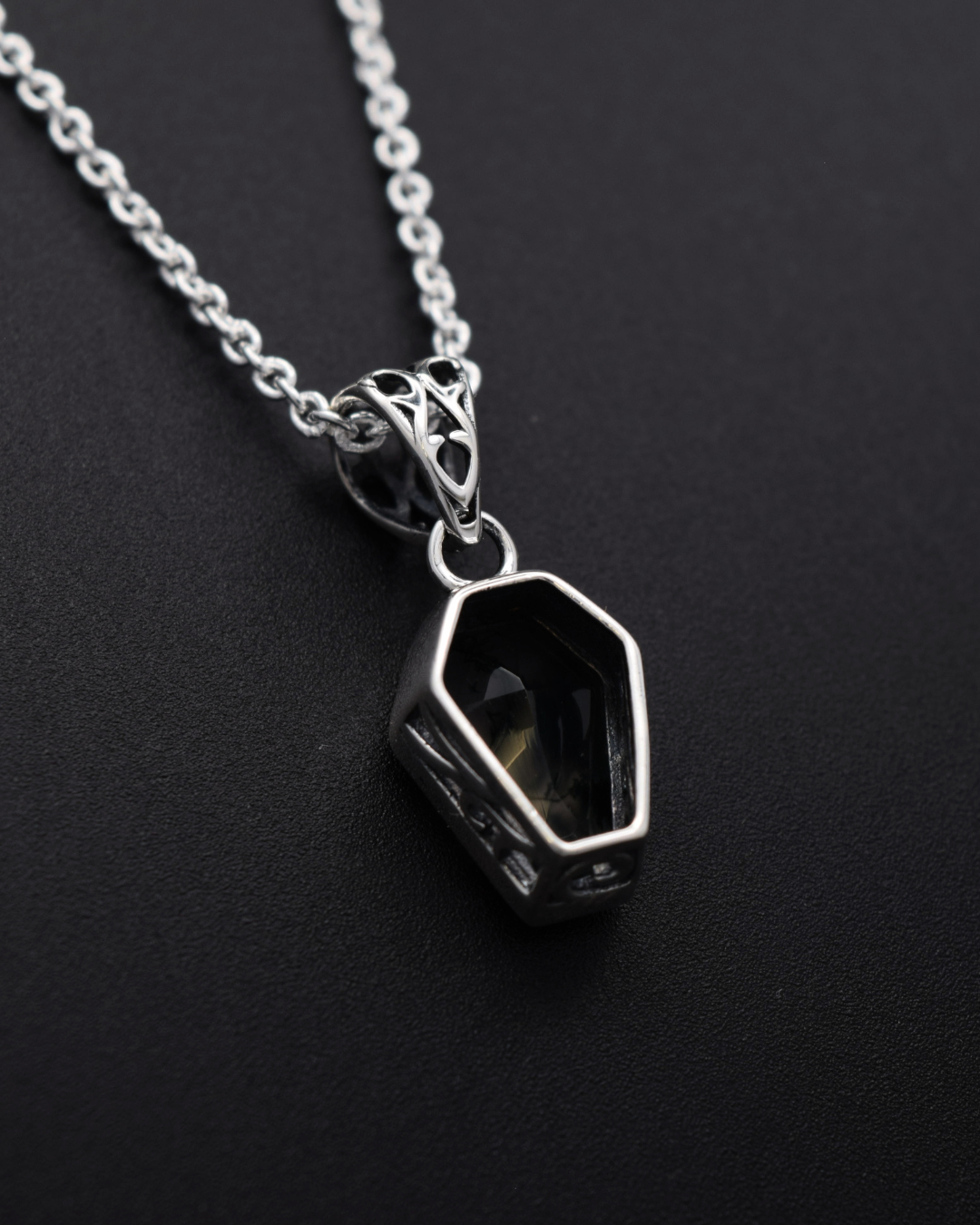 Moss Agate Coffin Necklace - back view