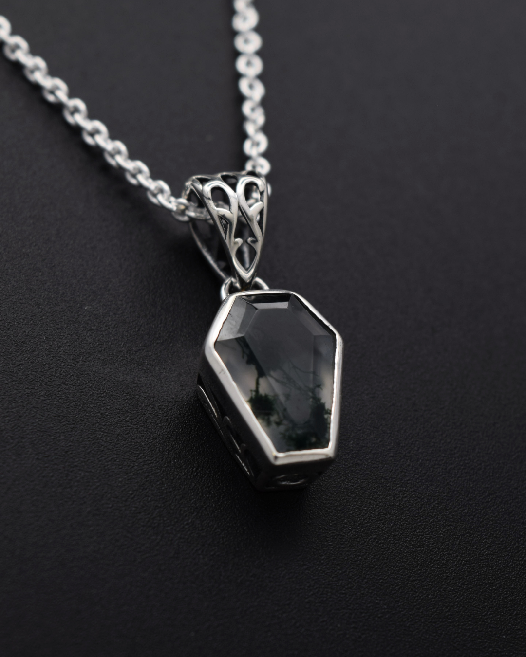 Moss Agate Coffin Necklace - front view