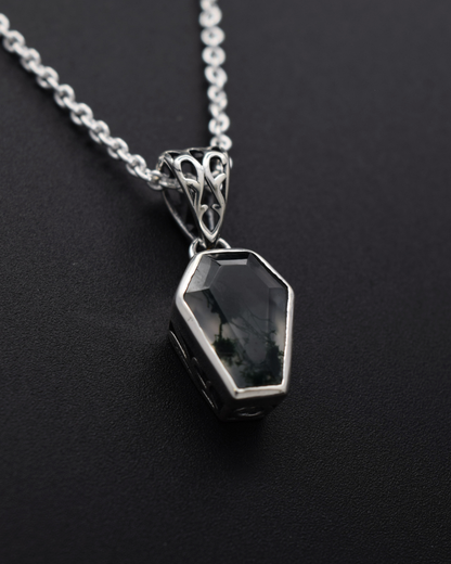 Moss Agate Coffin Necklace - front view