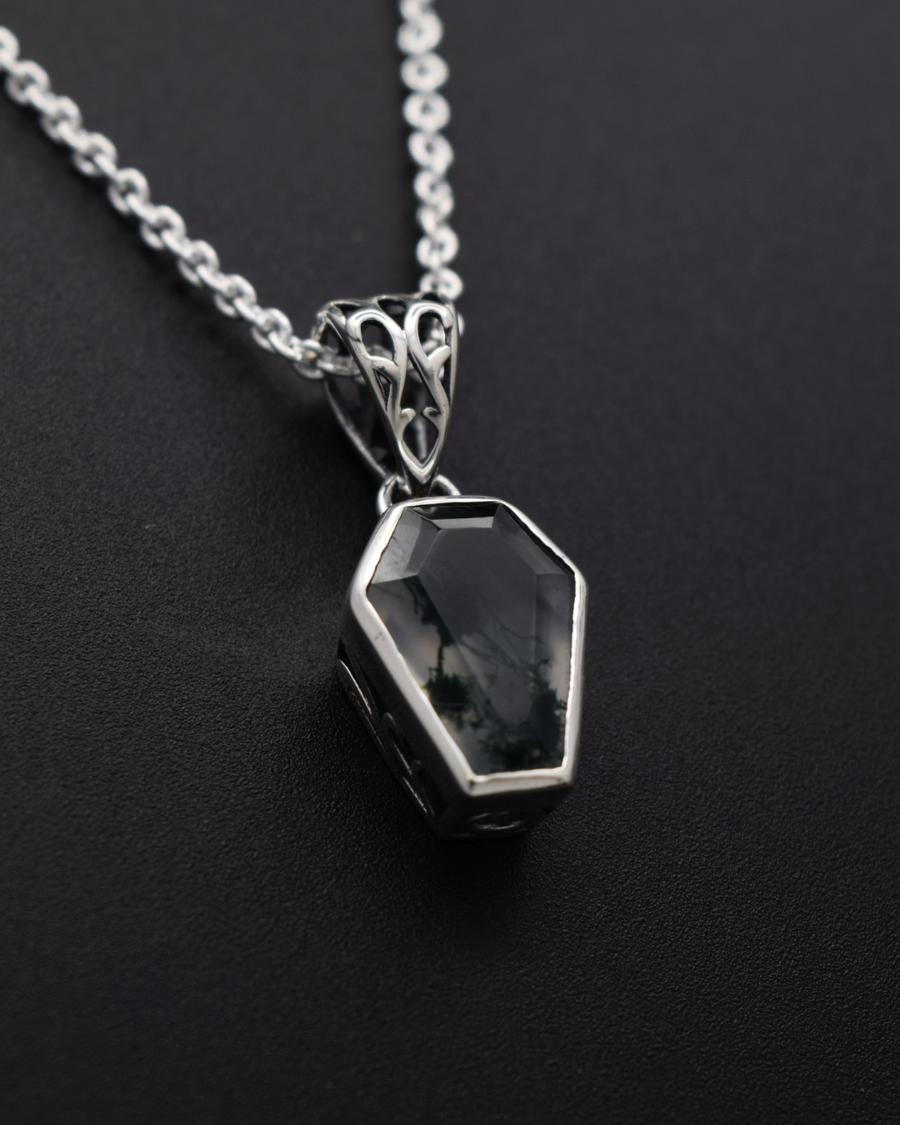 Moss Agate Coffin Necklace - front view