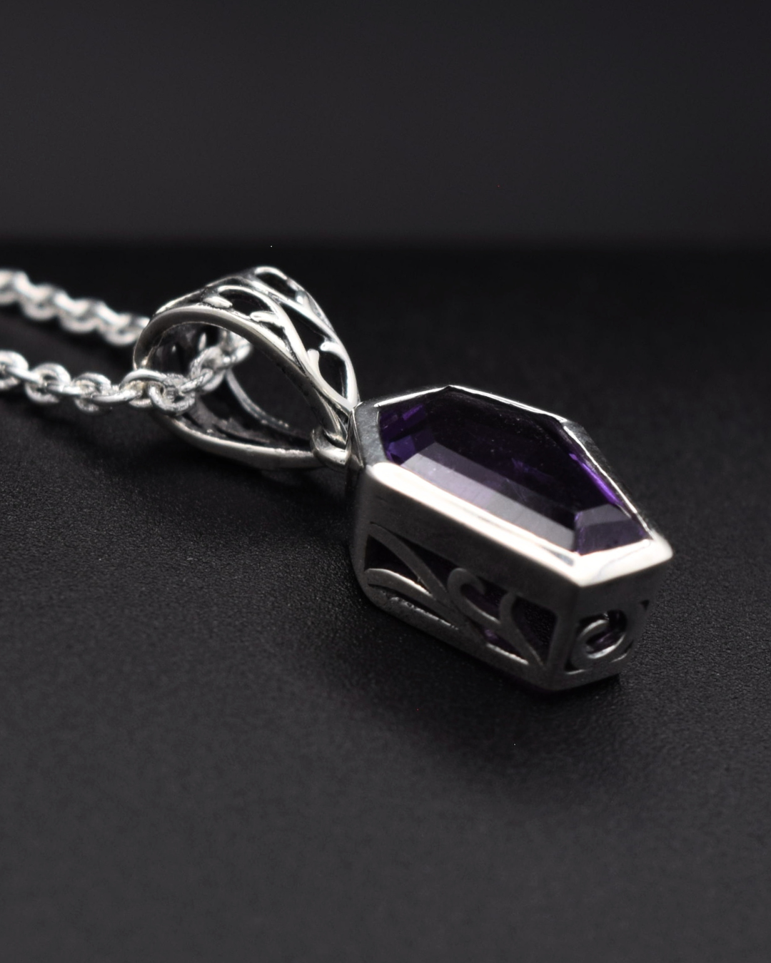 Amethyst Coffin Necklace - detail view