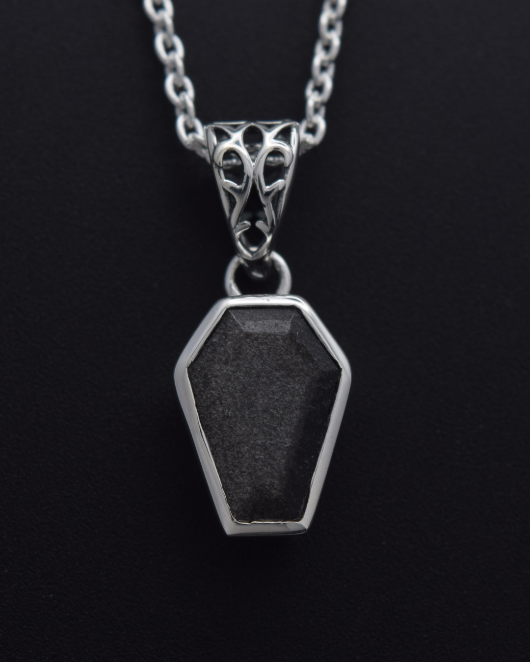 Silver Obsidian Coffin Necklace - front detail