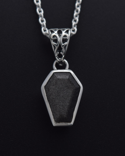 Silver Obsidian Coffin Necklace - front detail