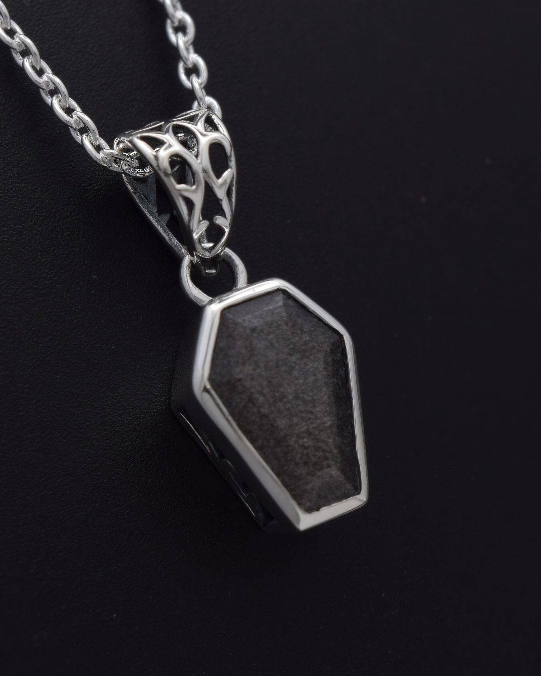 Silver Obsidian Coffin Necklace - front view