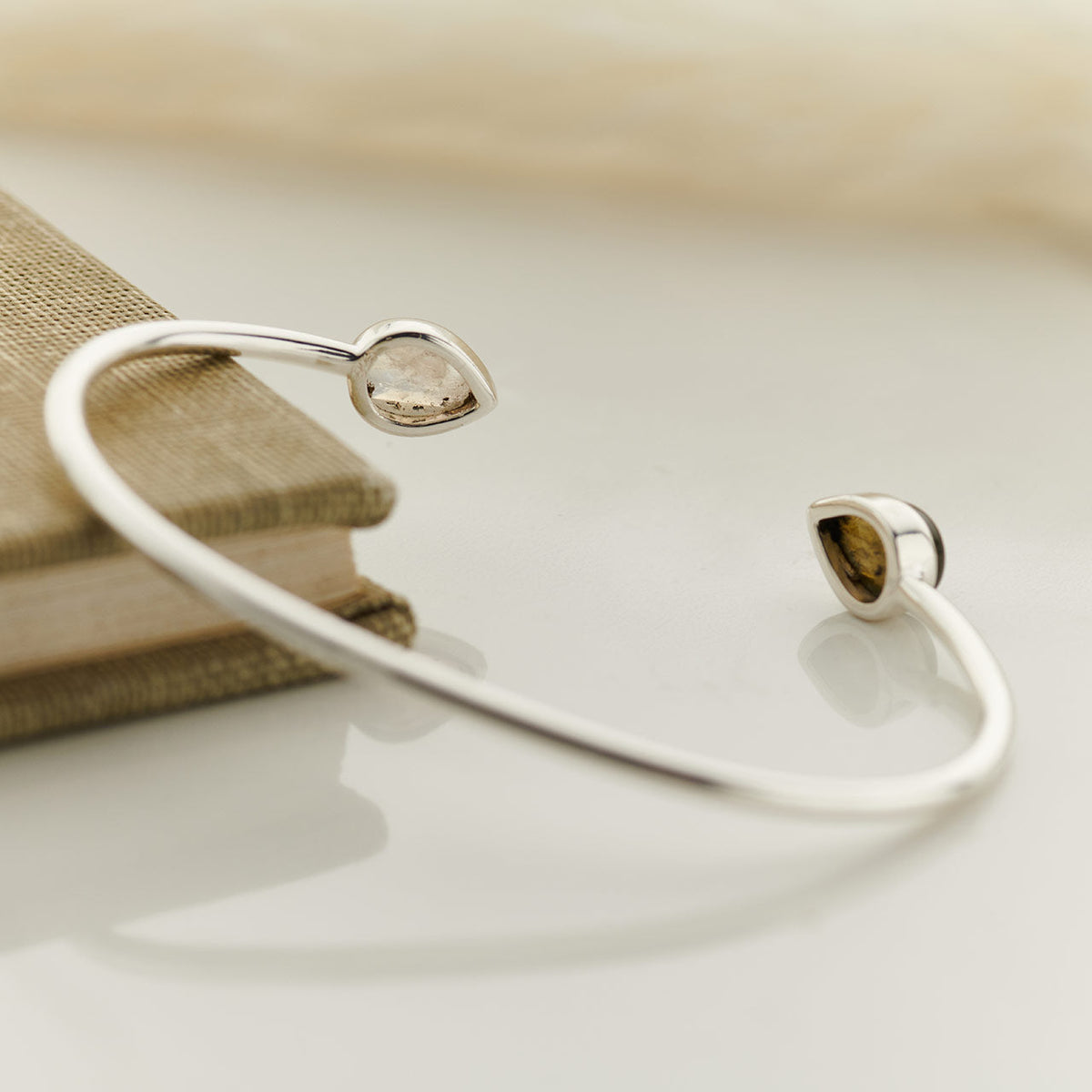 Back of moonstone and labradorite cuff bracelet in sterling silver