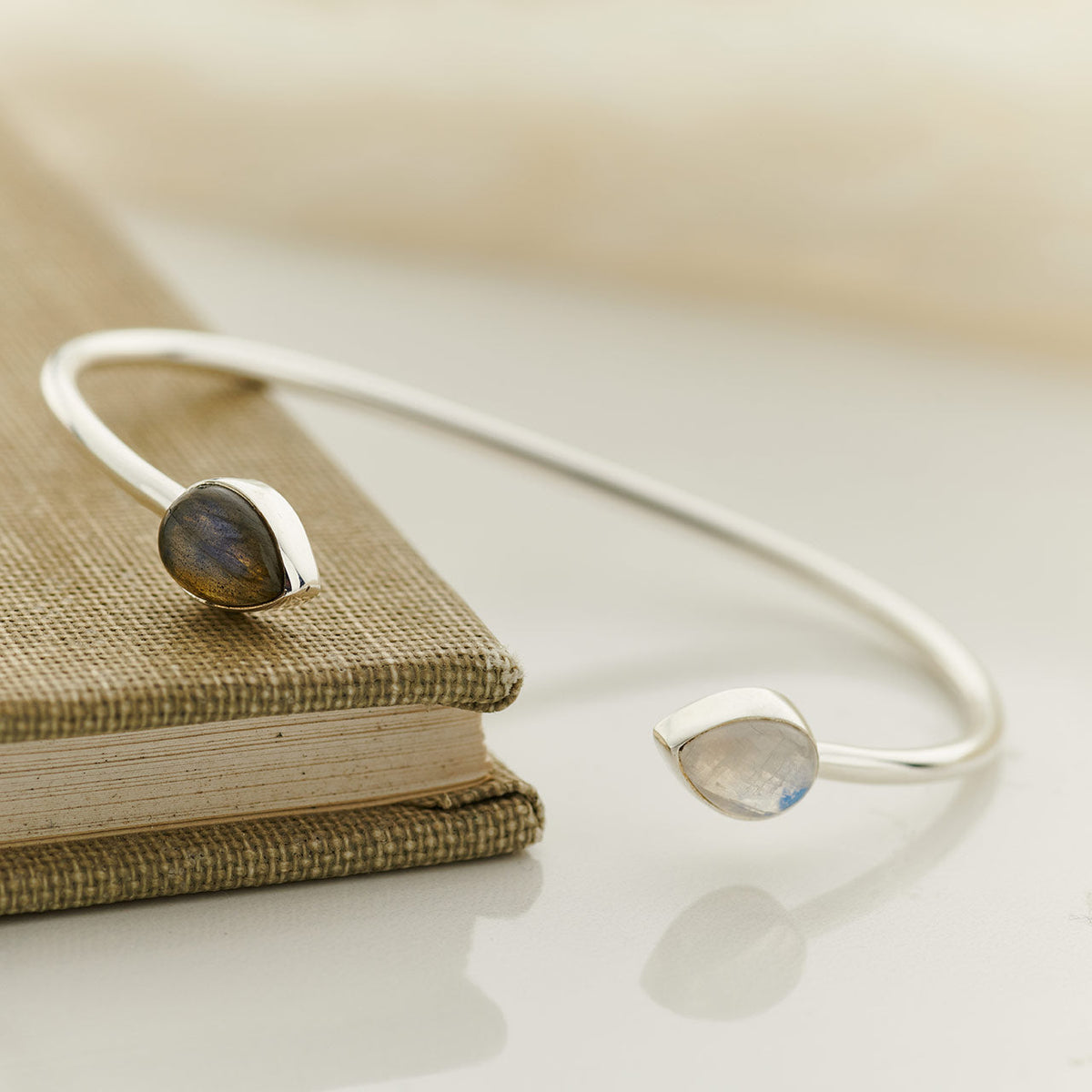 Moonstone and labradorite cuff bracelet in sterling silver