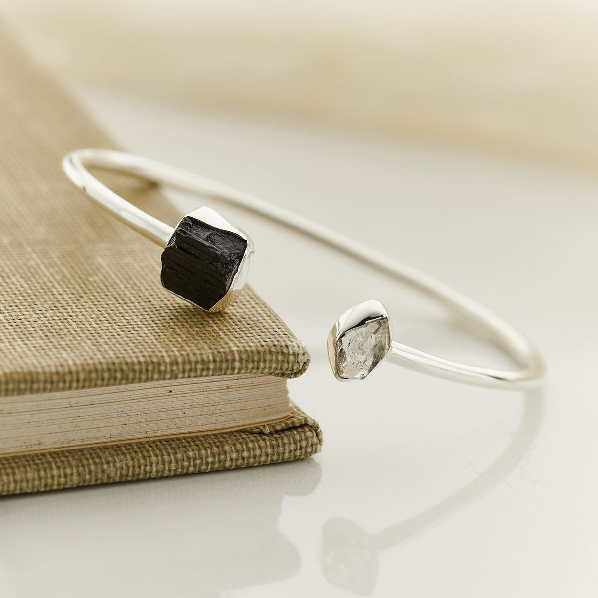 Black tourmaline and Herkimer diamond cuff bracelet in sterling silver