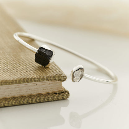 Black tourmaline and Herkimer diamond cuff bracelet in sterling silver