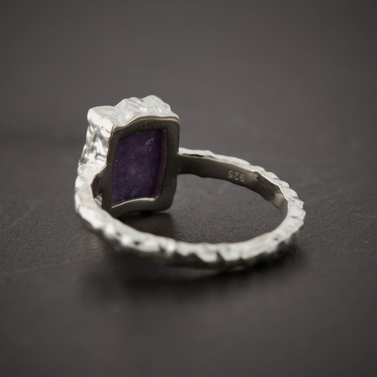 Back of rectangular lepidolite ring in hammered sterling silver