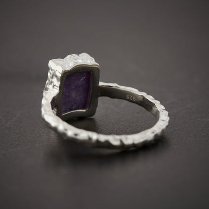 Back of rectangular lepidolite ring in hammered sterling silver