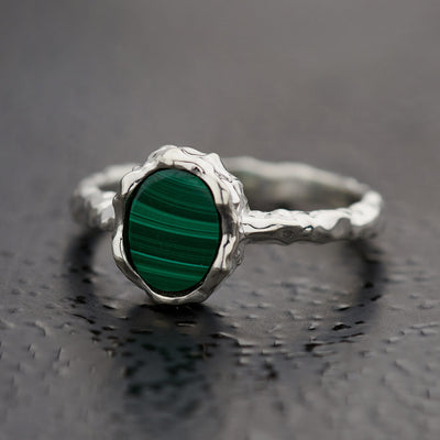 Malachite Oval Hammered Ring, Size 7