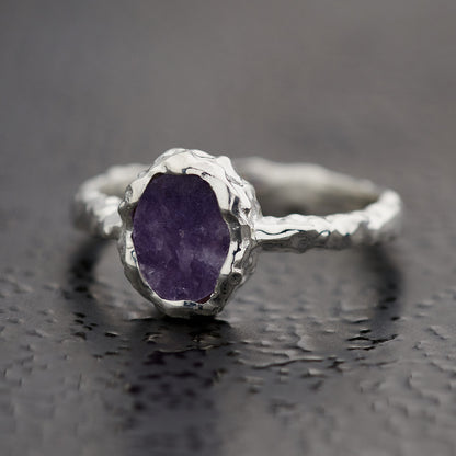 Oval lepidolite ring in hammered sterling silver