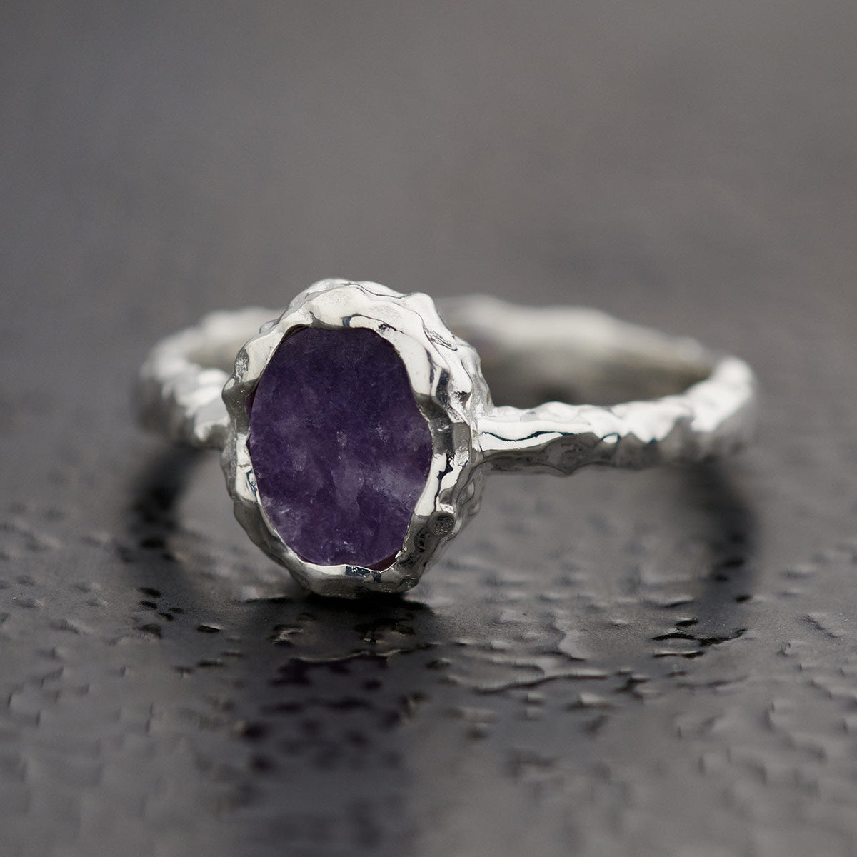 Oval lepidolite ring in hammered sterling silver