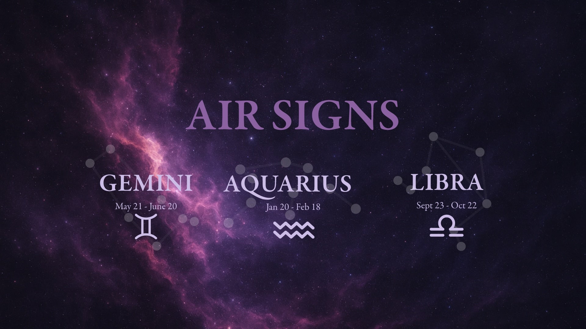 Zodiac signs for Air signs (Gemini, Aquarius, Libra) with corresponding dates on a dark background with purple nebula.