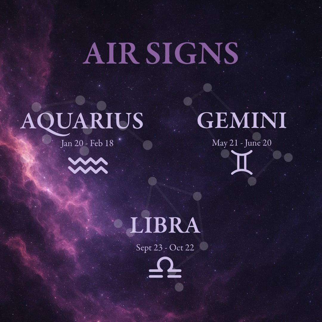 Astrological signs of Aquarius, Gemini, and Libra with corresponding dates on a purple starry background.