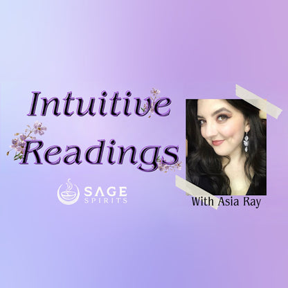 Graphic for 'Intuitive Readings' with a photo of a woman on a purple background, featuring the brand 'Sage Spirits'.
