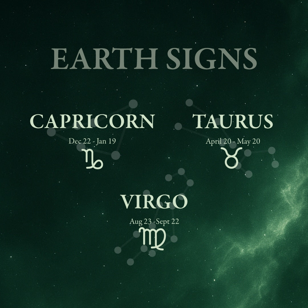 Earth signs with their corresponding zodiac symbols on a dark green background